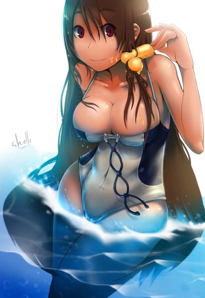 Anime picture 2380x3449 with original adunba rell single long hair tall image highres breasts light erotic red eyes brown hair large breasts signed girl swimsuit water food sweets ice cream
