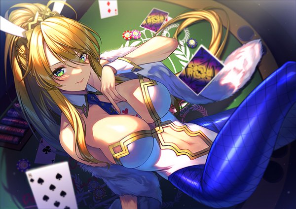 Anime picture 900x636 with fate (series) fate/grand order artoria pendragon (all) artoria pendragon (swimsuit ruler) (fate) unowen single looking at viewer fringe breasts light erotic blonde hair smile hair between eyes large breasts green eyes ahoge ponytail very long hair from above arm support