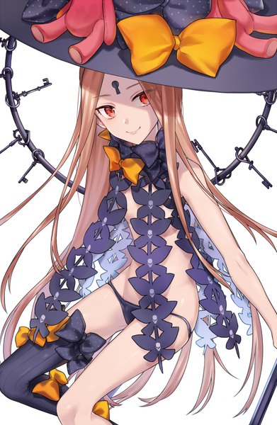 Anime picture 652x1000 with fate (series) fate/grand order abigail williams (fate) abigail williams (second ascension) (fate) shiao single long hair tall image light erotic blonde hair smile red eyes shaded face skull print girl thighhighs underwear panties bow hat
