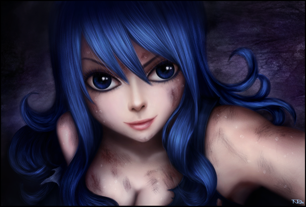 Anime picture 1200x815 with fairy tail juvia lockser inira single long hair blue eyes blue hair light smile lips realistic sweat portrait girl blood