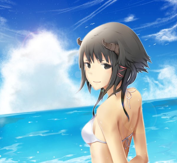 Anime picture 1500x1380 with original kumo single looking at viewer blush fringe short hair light erotic bare shoulders sky cloud (clouds) looking back horn (horns) light smile black eyes back hands behind back dark hair girl animal