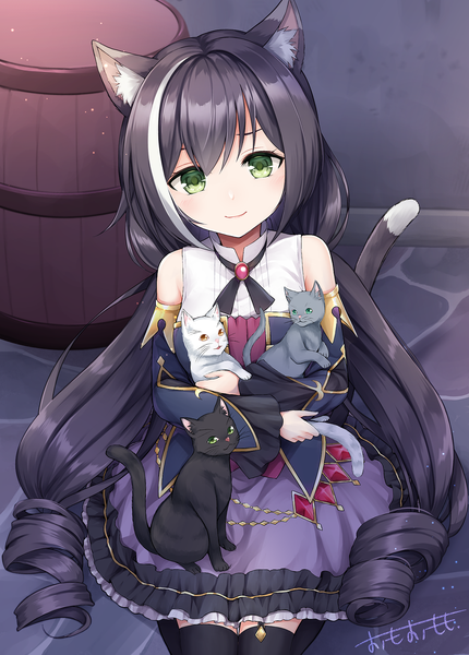 Anime picture 1468x2048 with princess connect! re:dive princess connect! karyl (princess connect!) omoomomo single tall image looking at viewer blush fringe black hair smile sitting green eyes signed animal ears white hair tail very long hair animal tail multicolored hair