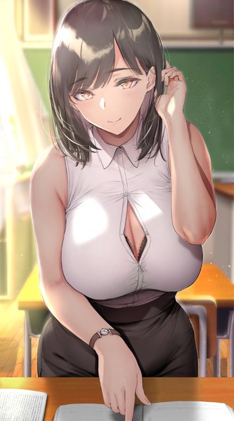 Anime picture 1386x2500 with original gentsuki single tall image looking at viewer fringe short hair breasts light erotic black hair smile large breasts standing yellow eyes cleavage head tilt fingernails blurry leaning depth of field