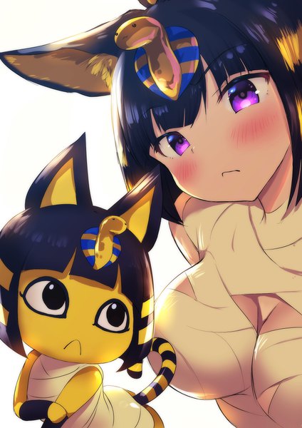 Anime picture 2888x4084 with animal crossing nile (doubutsu no mori) miu (umaru katia no hito) tall image looking at viewer blush fringe highres short hair breasts light erotic black hair simple background large breasts white background purple eyes animal ears traditional clothes multicolored hair cat ears