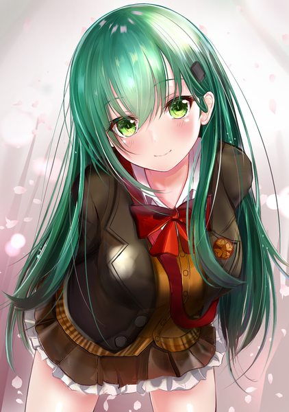 Anime picture 1035x1471 with kantai collection suzuya heavy cruiser efuri (riarea00) single long hair tall image looking at viewer blush fringe smile hair between eyes green eyes green hair leaning leaning forward hands behind back girl uniform school uniform