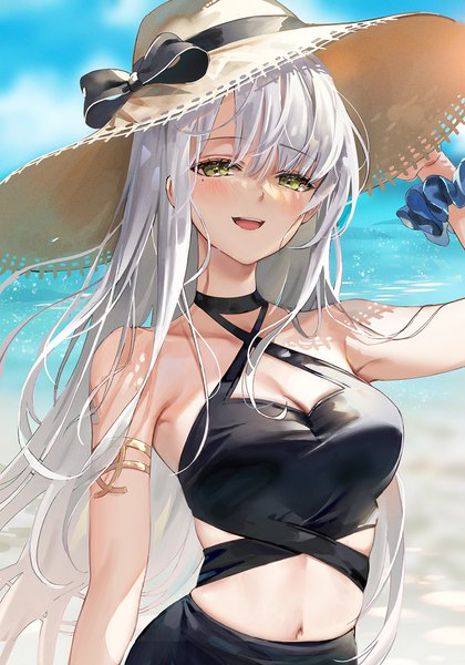 Anime picture 1000x1427 with original emyo single long hair tall image looking at viewer blush fringe breasts open mouth smile hair between eyes standing green eyes sky silver hair cloud (clouds) outdoors :d arm up