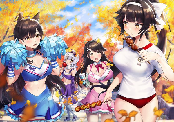Anime picture 2000x1414 with azur lane atago (azur lane) takao (azur lane) choukai (azur lane) maya (azur lane) noixen long hair blush fringe highres short hair breasts open mouth light erotic black hair smile hair between eyes large breasts standing bare shoulders