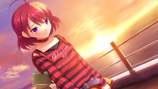 Anime picture 1280x720 with hatsukoi 1/1 fujikawa runa koizumi amane short hair wide image purple eyes pink hair game cg evening sunset girl