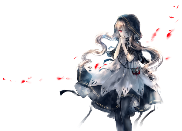 Anime picture 1250x900 with original onineko single long hair fringe red eyes brown hair standing twintails wind hair over one eye transparent background hands on face girl dress petals pantyhose fanny pack