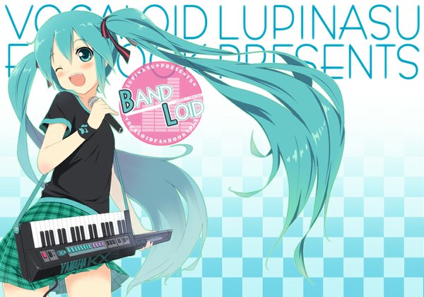 Anime picture 1000x700 with vocaloid hatsune miku tsukina (artist) single blush open mouth twintails very long hair one eye closed aqua eyes wink aqua hair checkered checkered background girl skirt miniskirt microphone musical instrument keyboard (instrument)
