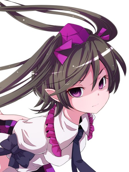 Anime picture 1200x1600 with touhou himekaidou hatate nikka (cryptomeria) single long hair tall image black hair simple background white background purple eyes twintails pointy ears girl bow tokin hat
