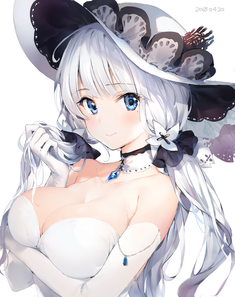 Anime picture 2586x3270 with azur lane illustrious (azur lane) umibouzu (niito) single long hair tall image looking at viewer blush fringe highres breasts blue eyes light erotic simple background smile large breasts white background twintails bare shoulders cleavage