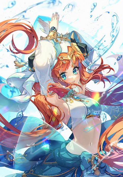 Anime picture 1000x1442 with genshin impact nilou (genshin impact) cat princess single tall image blue eyes smile twintails very long hair orange hair arms up sparkle midriff low twintails crossed arms girl navel detached sleeves water crop top