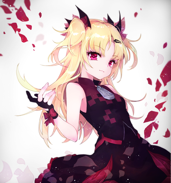 Anime picture 1770x1890 with virtual youtuber uni channel akatsuki uni shichijou natori single long hair tall image looking at viewer fringe highres blonde hair simple background standing pink eyes two side up sleeveless girl dress gloves ribbon (ribbons)