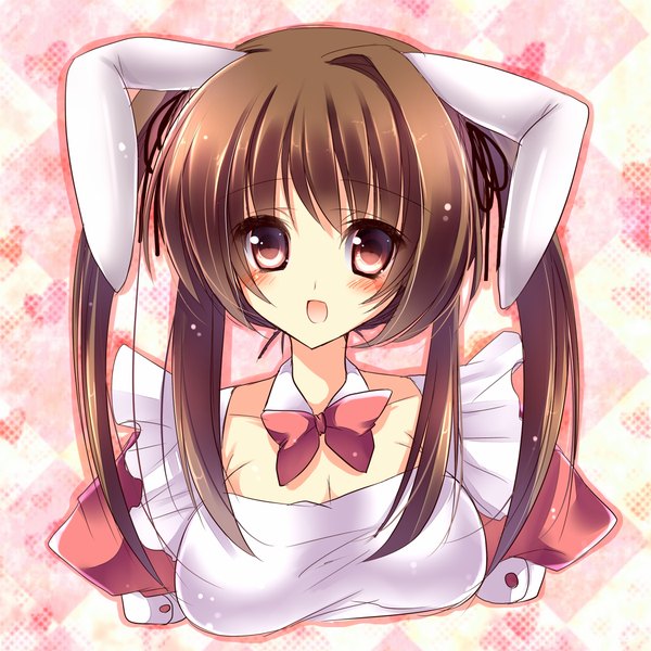 Anime picture 1050x1050 with original amane ruri single long hair looking at viewer blush open mouth light erotic smile brown hair brown eyes animal ears bunny ears girl