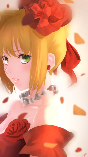 Anime picture 630x1120 with fate (series) fate/extra type-moon nero claudius (fate) (all) nero claudius (fate) amino (tn7135) single long hair tall image blush fringe simple background blonde hair bare shoulders green eyes signed upper body parted lips light smile lips