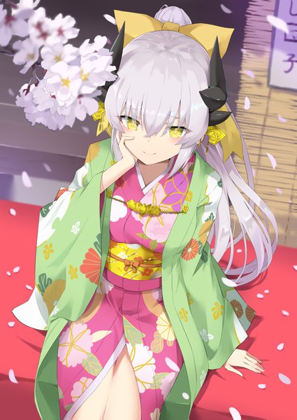 Anime picture 2149x3035 with fate (series) fate/grand order kiyohime (fate) 100% single long hair tall image looking at viewer fringe highres hair between eyes sitting yellow eyes payot silver hair outdoors ponytail traditional clothes japanese clothes horn (horns)