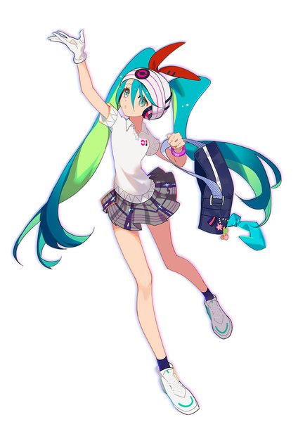 Anime picture 1000x1415 with pokemon vocaloid nintendo project voltage hatsune miku psychic miku (project voltage) indai (3330425) single long hair tall image fringe simple background hair between eyes white background twintails full body multicolored hair arm up aqua eyes green hair