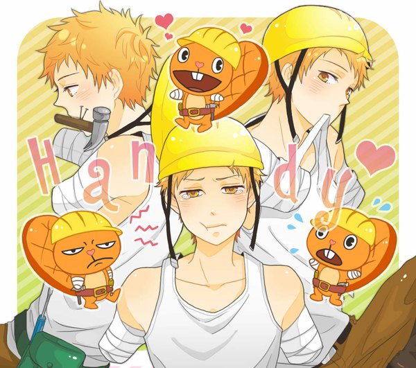 Anime picture 1140x1010 with happy tree friends handy blush highres short hair orange hair orange eyes tears personification boy animal bandage (bandages) helmet