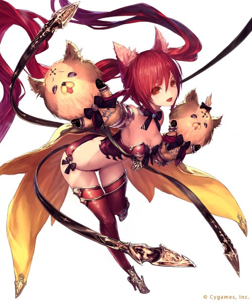 Anime-Bild 2083x2500 mit shingeki no bahamut cerberus (shingeki no bahamut) tachikawa mushimaro (bimo) single tall image looking at viewer highres open mouth light erotic simple background standing white background twintails brown eyes animal ears red hair very long hair cat ears standing on one leg girl