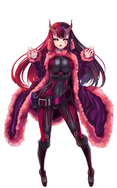 Anime picture 2500x4000 with original reason (ficafe) single long hair tall image highres open mouth light erotic simple background white background purple hair red hair multicolored hair horn (horns) pointy ears teeth covered navel oni horns sharp teeth face paint