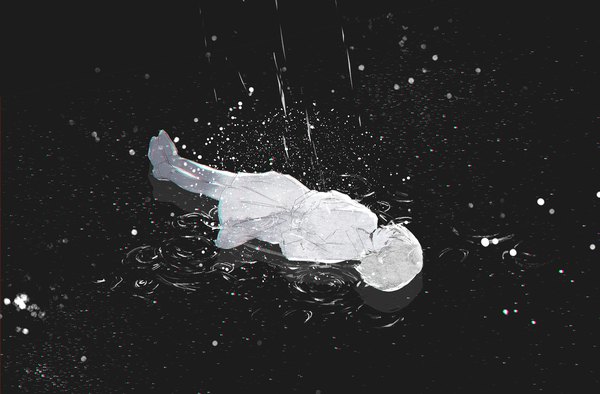 Anime picture 2000x1316 with original parel (artist) single fringe highres lying eyes closed monochrome reflection rain girl skirt