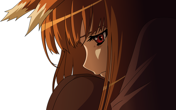 Anime picture 2560x1600 with spice and wolf horo long hair highres red eyes brown hair wide image sitting animal ears transparent background wolf ears sad wolf tail wolf girl girl