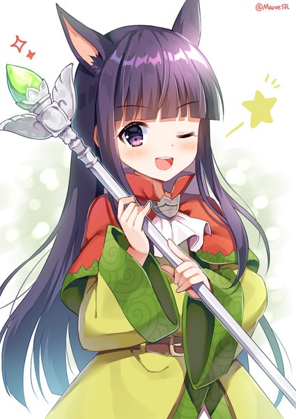 Anime picture 700x988 with princess connect! re:dive princess connect! kasumi (princess connect!) mauve single long hair tall image blush fringe open mouth purple eyes signed animal ears purple hair upper body blunt bangs one eye closed wink twitter username ;d