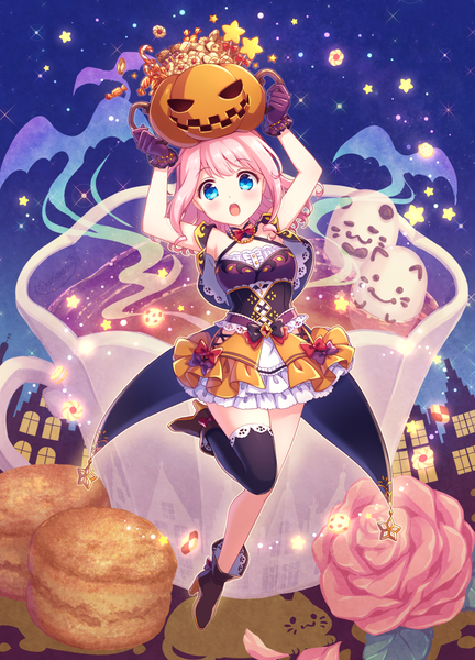Anime picture 1000x1390 with original kousetsu single tall image short hair open mouth blue eyes pink hair full body bent knee (knees) arms up :o sparkle halloween checkerboard cookie girl thighhighs dress gloves food
