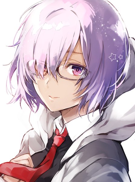 Anime picture 1000x1341 with fate (series) fate/grand order mash kyrielight arisaka ako single tall image looking at viewer fringe short hair simple background white background purple eyes purple hair upper body white hair light smile hair over one eye portrait girl glasses