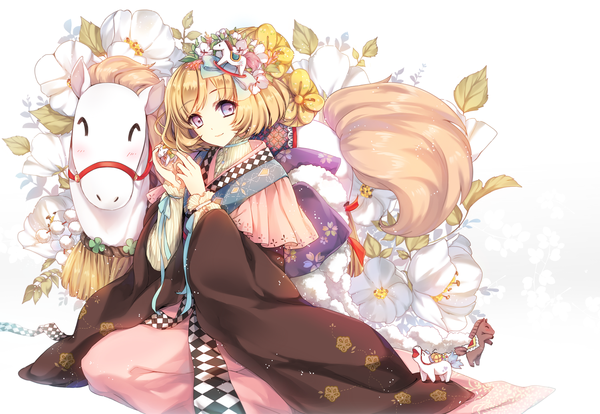 Anime picture 1500x1037 with original ceru single looking at viewer short hair blonde hair white background purple eyes girl dress hair ornament flower (flowers) animal toy horse