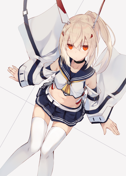 Anime picture 864x1208 with azur lane ayanami (azur lane) nagishiro mito single long hair tall image looking at viewer fringe simple background blonde hair hair between eyes white background sitting payot ponytail pleated skirt from above wide sleeves bare belly orange eyes