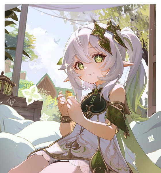 Anime picture 1792x1925 with genshin impact nahida (genshin impact) camunekoz single long hair tall image looking at viewer fringe highres hair between eyes sitting green eyes silver hair pointy ears side ponytail food on face girl dress food sweets