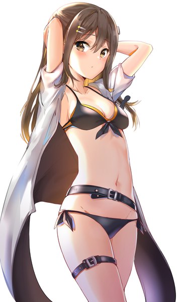 Anime picture 2140x3580 with girls frontline k-2 (girls frontline) nyung single long hair tall image looking at viewer blush fringe highres light erotic simple background hair between eyes brown hair standing white background brown eyes payot cleavage open clothes