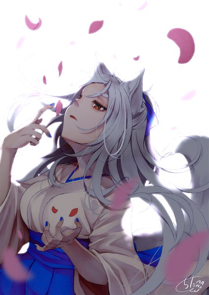 Anime picture 1417x2000 with original chita (ketchup) single long hair tall image breasts open mouth simple background red eyes standing white background signed animal ears silver hair tail nail polish traditional clothes japanese clothes animal tail fingernails