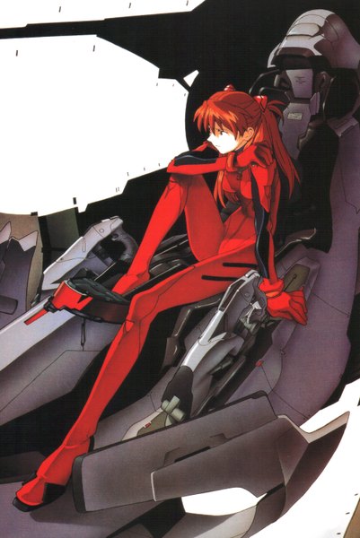 Anime picture 2000x2987 with neon genesis evangelion gainax soryu asuka langley single long hair tall image highres simple background white background sitting absurdres scan orange hair mechanical girl bodysuit pilot suit