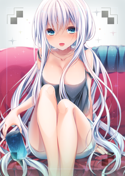 Anime picture 1031x1444 with original komeshiro kasu single tall image looking at viewer blush breasts open mouth blue eyes light erotic sitting white hair very long hair girl