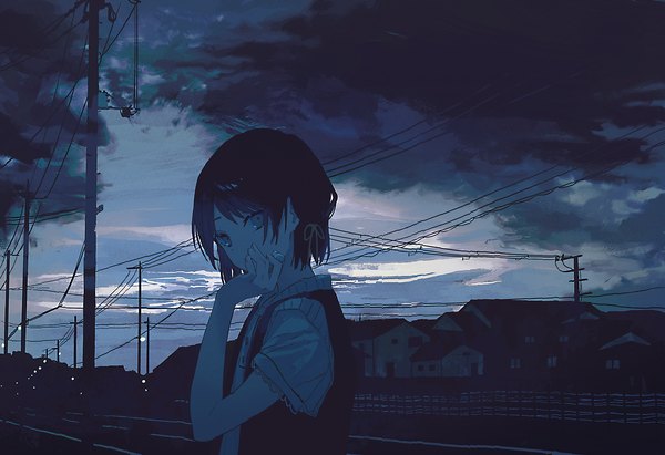 Anime picture 2100x1440 with original manuga430 single looking at viewer highres short hair black hair sky cloud (clouds) upper body outdoors twilight girl ribbon (ribbons) hair ribbon headphones power lines