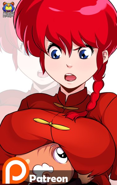 Anime picture 567x900 with ranma 1/2 saotome ranma saotome ranma (girl) happosai kyoffie12 tall image fringe short hair breasts open mouth blue eyes simple background large breasts white hair red hair black eyes old man girl