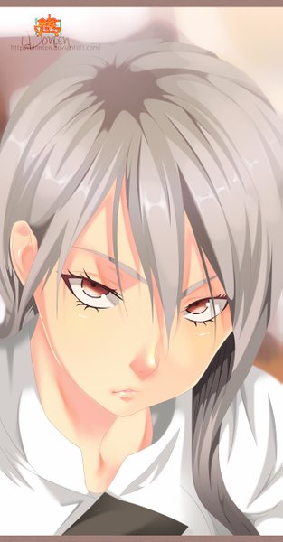 Anime picture 679x1300 with shokugeki no soma j.c. staff nakiri alice idonten single long hair tall image looking at viewer red eyes from above lips grey hair close-up face girl shirt
