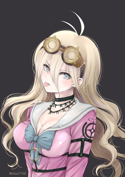 Anime picture 834x1179 with dangan ronpa new danganronpa v3 iruma miu mizutama single long hair tall image blush fringe blue eyes light erotic simple background blonde hair hair between eyes signed looking away cleavage upper body ahoge grey background