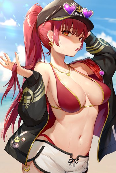 Anime picture 2480x3700 with virtual youtuber hololive houshou marine houshou marine (summer) illian-san single long hair tall image looking at viewer fringe highres breasts open mouth light erotic red eyes large breasts standing yellow eyes sky cloud (clouds)