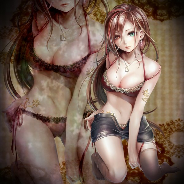 Anime picture 1100x1100 with original ao+beni single light erotic red eyes brown hair bare shoulders green eyes cleavage lips tattoo heterochromia girl thighhighs underwear panties earrings miniskirt jewelry