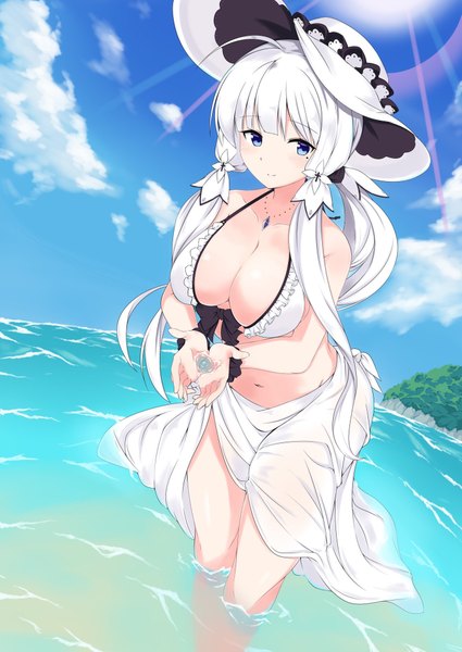 Anime picture 1451x2048 with azur lane illustrious (azur lane) mamizu single long hair tall image looking at viewer blush fringe breasts blue eyes light erotic large breasts standing twintails bare shoulders holding sky cloud (clouds) ahoge