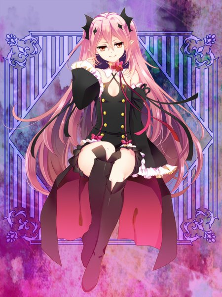 Anime picture 750x1000 with owari no seraph wit studio kururu tepes suzushiro single tall image fringe smile red eyes sitting bare shoulders pink hair bent knee (knees) very long hair wide sleeves adjusting hair purple background girl skirt bow