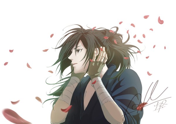 Anime picture 1637x1157 with dororo (tezuka) hyakkimaru (dororo) ane (pixiv38046293) single long hair black hair simple background white background brown eyes signed looking away upper body ponytail parted lips profile wind hands on head boy gloves petals