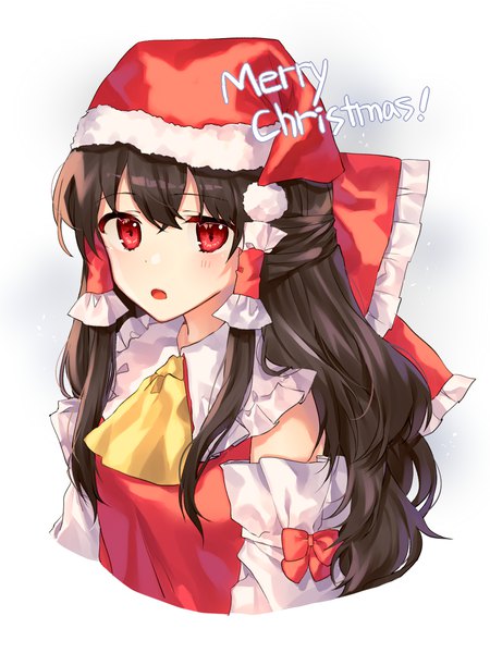 Anime picture 1200x1600 with touhou hakurei reimu cheunes single long hair tall image looking at viewer fringe open mouth red eyes brown hair white background payot upper body :o fur trim christmas half updo merry christmas girl