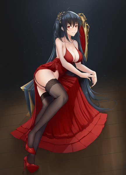 Anime picture 1626x2256 with azur lane taihou (azur lane) taihou (forbidden feast) (azur lane) shiro haoto single tall image looking at viewer blush fringe breasts light erotic black hair hair between eyes red eyes large breasts bare shoulders payot cleavage full body bent knee (knees)