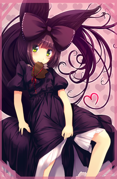 Anime picture 729x1118 with blade & soul lyn (blade & soul) mizunoto nozumi single tall image blush short hair black hair smile holding green eyes animal ears tail animal tail loli mouth hold valentine girl dress bow