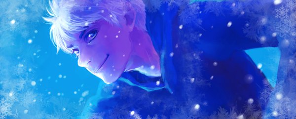 Anime picture 1240x500 with rise of the guardians dreamworks jack frost (rise of the guardians) short hair blue eyes smile wide image white hair snowing winter boy